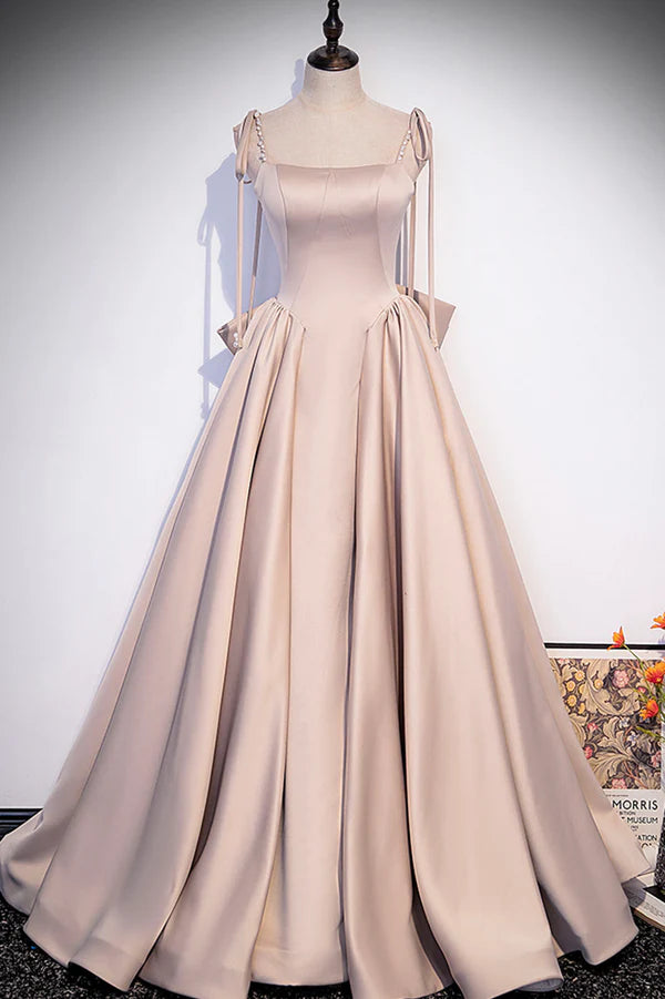 Wholesale Pink Satin Long A-Line Prom Dress Cute Spaghetti Strap Evening Dress with Bow